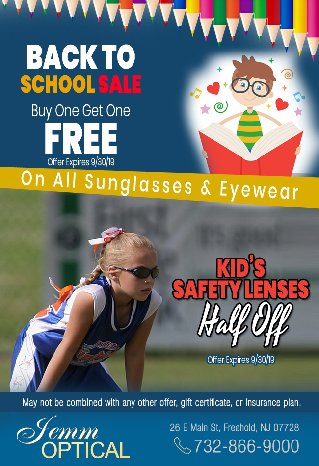 Back to school sale Eyewear sale glasses sunglasses Promotions Coupons Rebates Monmouth County NJ Freehold Colts Neck